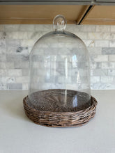 Load image into Gallery viewer, GLASS CLOCHES W/WOVEN WICKER TRAYS, 3 SIZES
