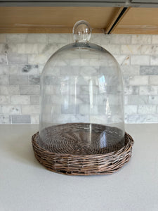 GLASS CLOCHES W/WOVEN WICKER TRAYS, 3 SIZES