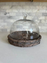 Load image into Gallery viewer, GLASS CLOCHES W/WOVEN WICKER TRAYS, 3 SIZES
