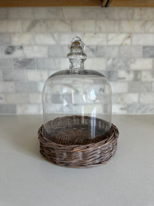 GLASS CLOCHES W/WOVEN WICKER TRAYS, 3 SIZES