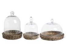 Load image into Gallery viewer, GLASS CLOCHES W/WOVEN WICKER TRAYS, 3 SIZES
