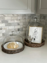 Load image into Gallery viewer, GLASS CLOCHES W/WOVEN WICKER TRAYS, 3 SIZES
