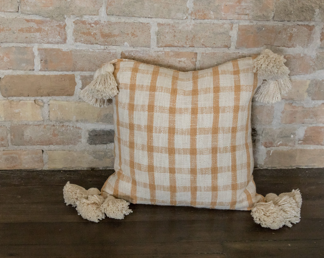 Woven Cotton Slub Plaid Pillow with Tassels